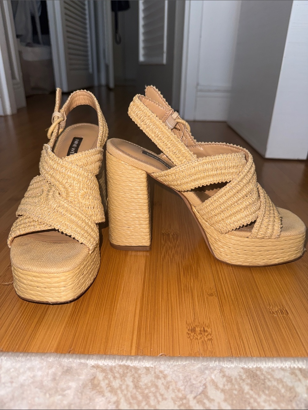 Nine West Natural Woven Platform Slingback Heels